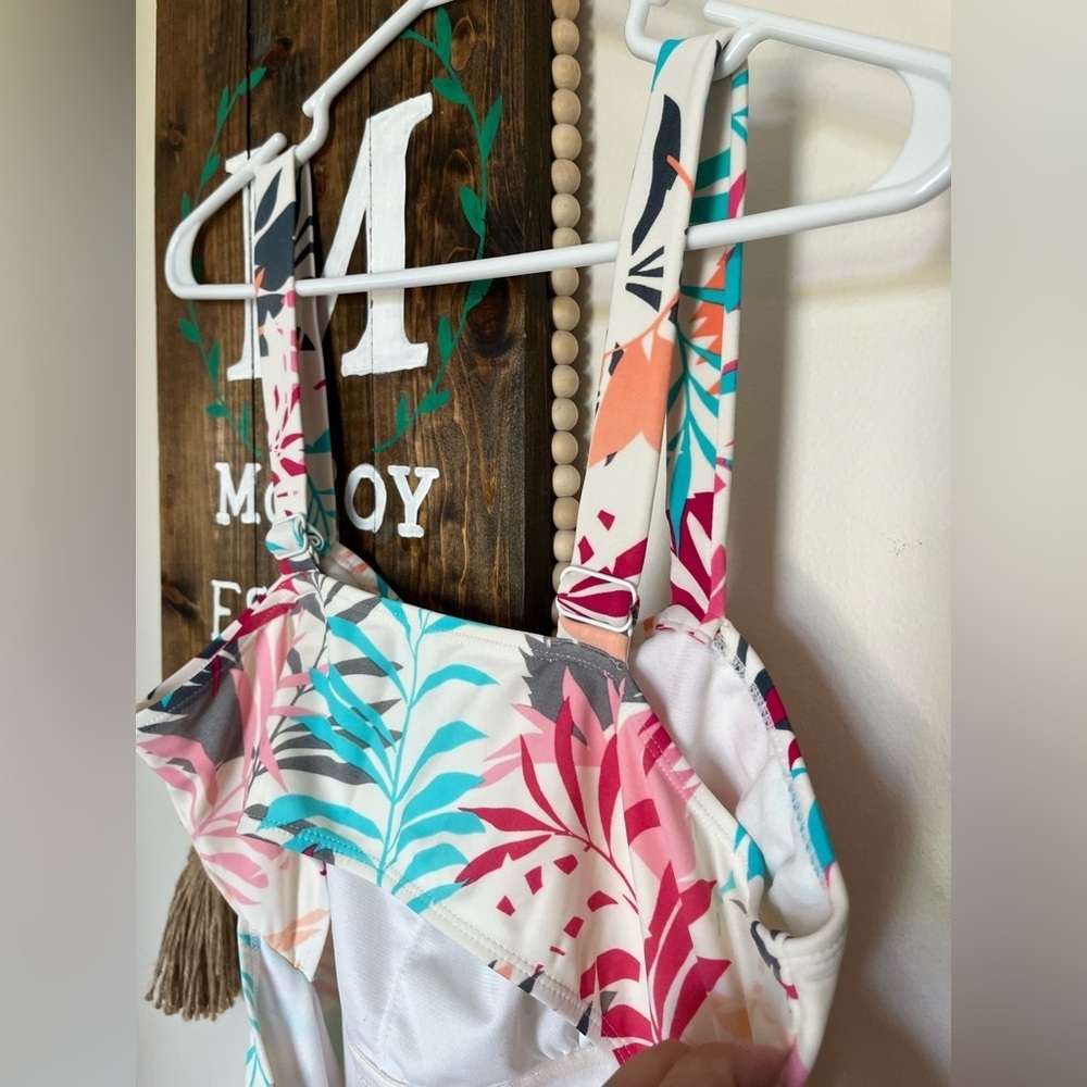 Eddie Bauer Swimsuit Tropical Leaf Pattern Open Back Peekhole Women’s Sz XL - Picture 12 of 15